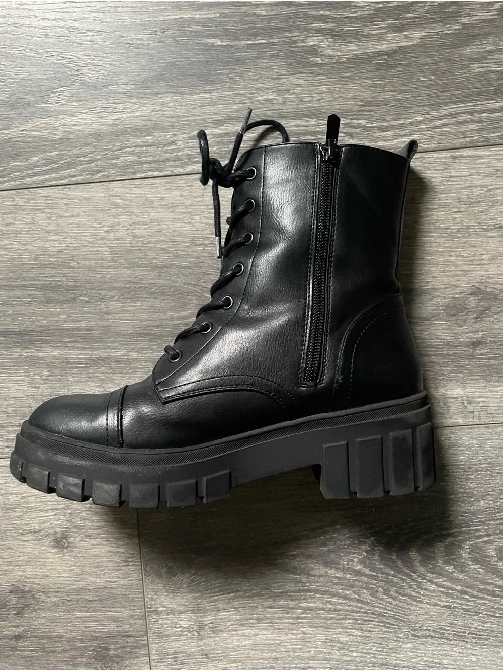 Kids Black Lace-Up Chunky Lug Boots